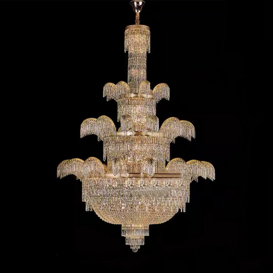 Palatial Golden-Tiered Waterfall-Inspired Crystal Chandelier for High-ceiling