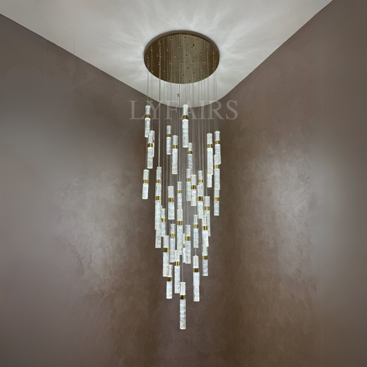 Lustre moderne à colonnes de cristal flottantes, nuageuses et éclatantes pour hauts plafonds