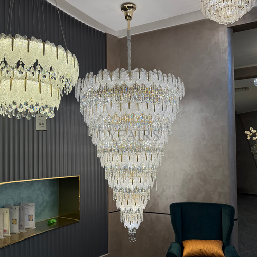 Luxurious Cascading Handcrafted Glass Leaf Multi-Tier Crystal Waterfall Chandelier