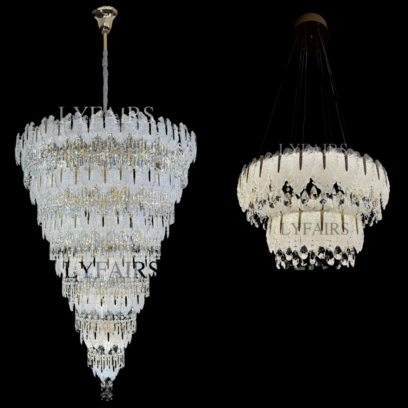 Lustre cascade luxueux en cristal à plusieurs niveaux, fabriqué à la main, en forme de feuille de verre