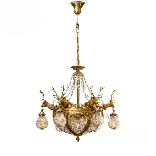 LYFAIRS x FH&Home Baroque Brass Deer Crystal Chandelier for Palace/Hotel