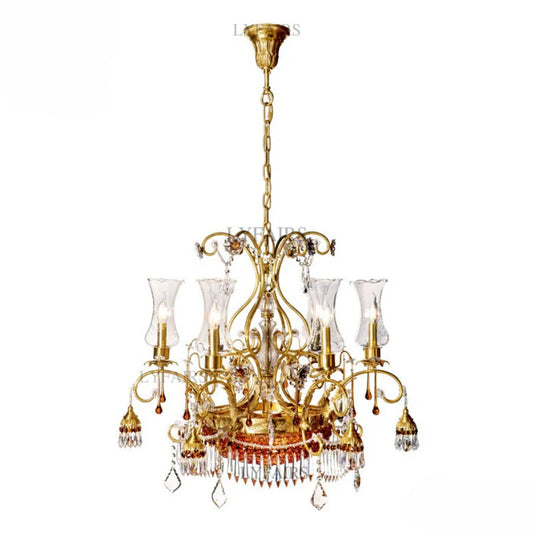 LYFAIRS x FH&Home Baroque Brass Branches Crystal Chandelier with Glass Lampshades