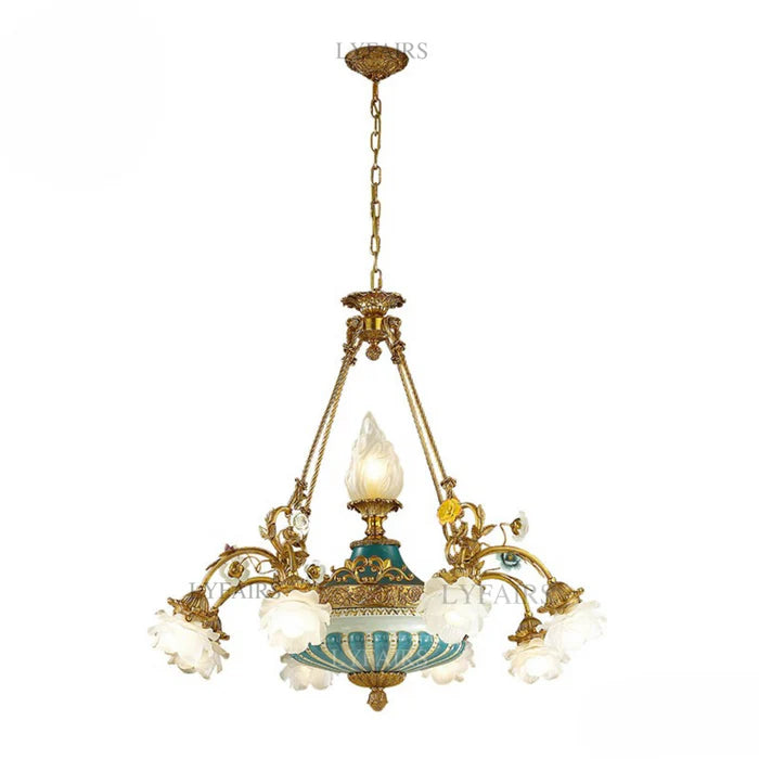 LYFAIRS x FH&Home Baroque Floral Glass Brass Chandelier with Porcelain Bottom