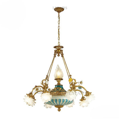 LYFAIRS x FH&Home Baroque Floral Glass Brass Chandelier with Porcelain Bottom