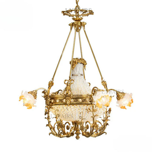 LYFAIRS x FH&Home Baroque Floral Glass Chandelier with Exquisite Brass Carved Vines