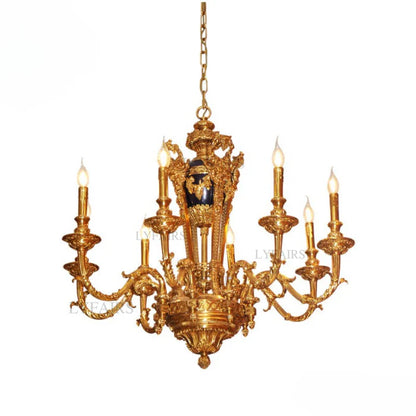 LYFAIRS x FH&Home Baroque Exquisite Brass Carved Chandelier with Blue Porcelain