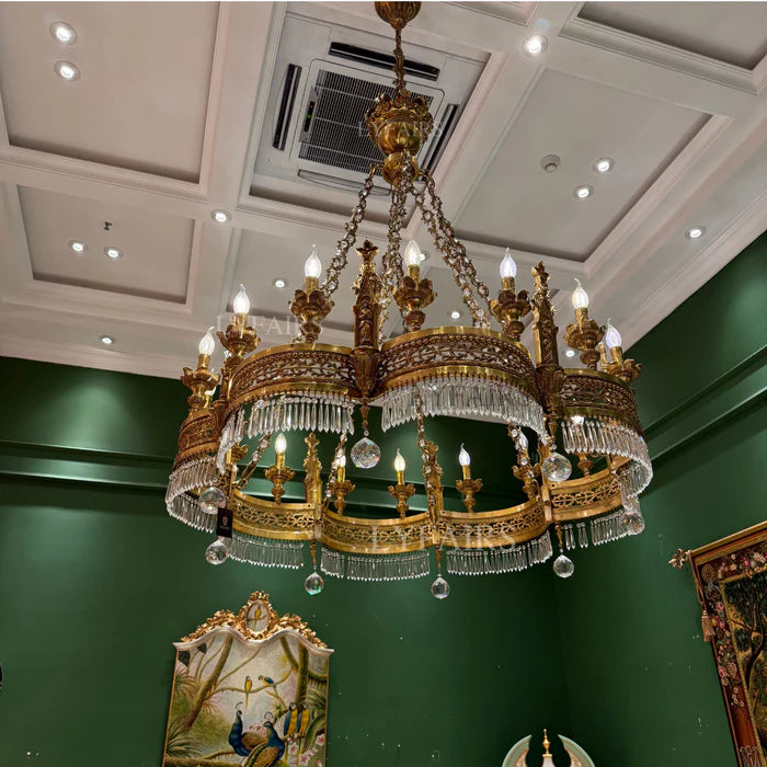 LYFAIRS x FH&Home Antique Bronze Regal Crown Crystal Chandelier