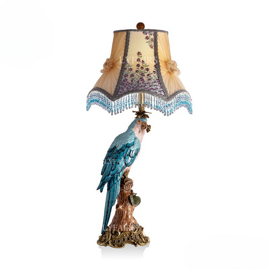 LYFAIRS x FH&Home Romantic Carved Parrot Table Lamp with Classic Fringe Lampshade