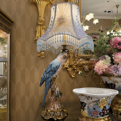 Lampe de table romantique en forme de perroquet sculpté avec abat-jour à franges classique LYFAIRS x FH&amp;Home