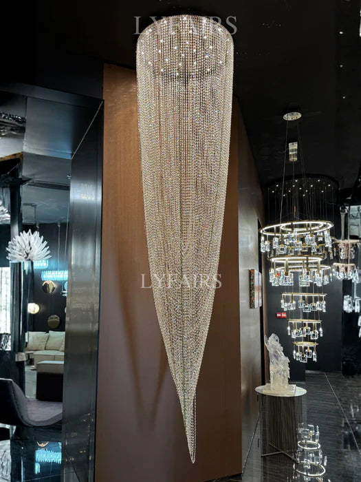 Luxury Waterfall Crystal Flush Mounted Chandelier for High Ceiling