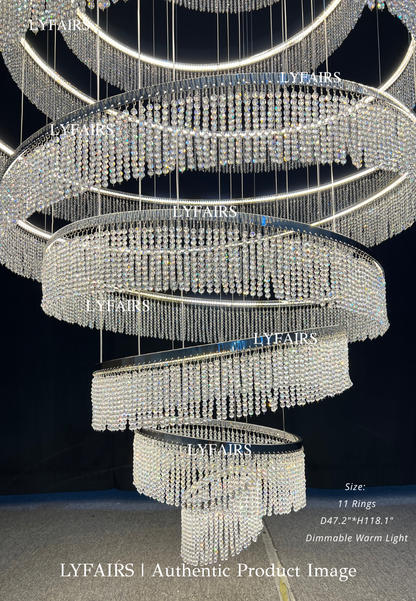 Long Crystal Tassel Rings Chandelier Extra Large Living Room Staircase High Ceiling Lighting Fixture