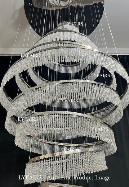 Long Crystal Tassel Rings Chandelier Extra Large Living Room Staircase High Ceiling Lighting Fixture