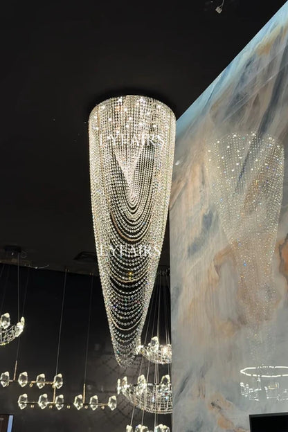 Luxury Waterfall Crystal Flush Mounted Chandelier for High Ceiling