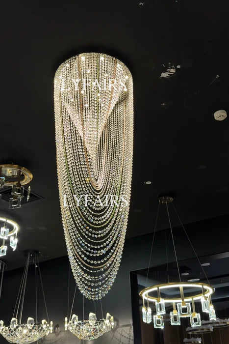 Luxury Waterfall Crystal Flush Mounted Chandelier for High Ceiling
