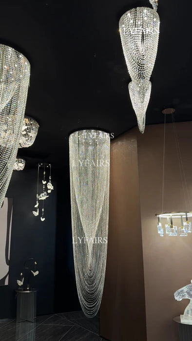 Luxury Waterfall Crystal Flush Mounted Chandelier for High Ceiling