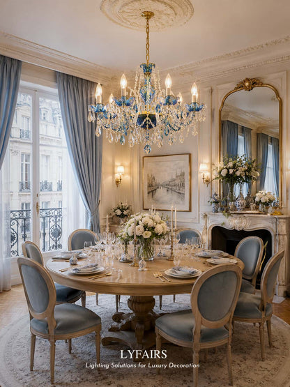 Lampadario di design francese romantico in cristallo blu, lampadario moderno a forma di candela, per camera da letto/soggiorno/sala da pranzo.