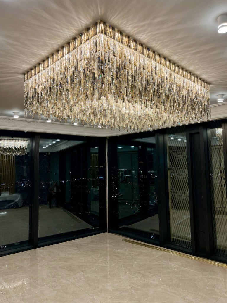 Grand Luxury Rectangular Gradient Smoky Amber Crystal Flush Mount Chandelier