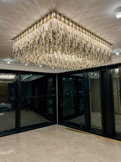 Grand Luxury Rectangular Gradient Smoky Amber Crystal Flush Mount Chandelier