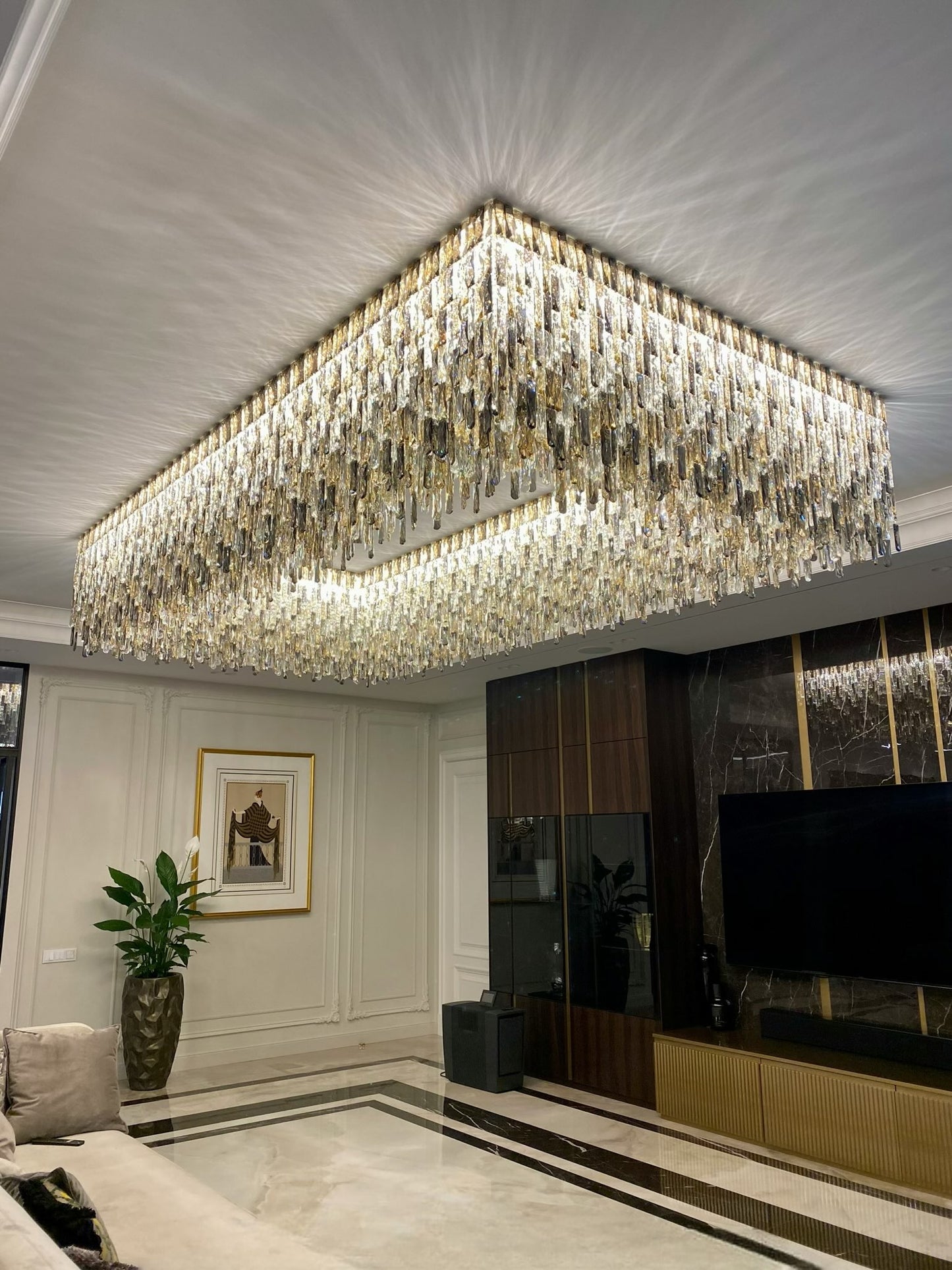 Grand Luxury Rectangular Gradient Smoky Amber Crystal Flush Mount Chandelier