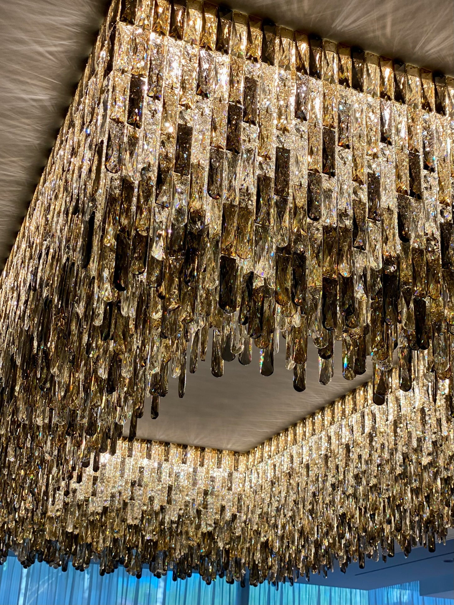 Grand Luxury Rectangular Gradient Smoky Amber Crystal Flush Mount Chandelier