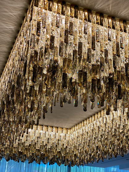 Grand Luxury Rectangular Gradient Smoky Amber Crystal Flush Mount Chandelier