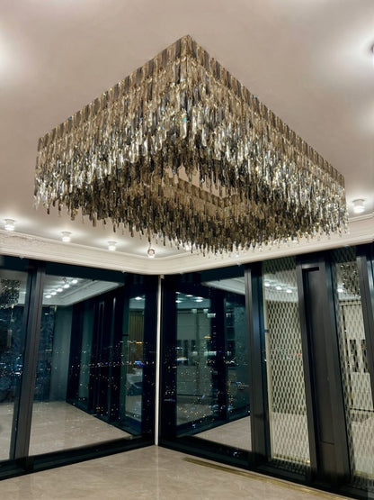 Grand Luxury Rectangular Gradient Smoky Amber Crystal Flush Mount Chandelier