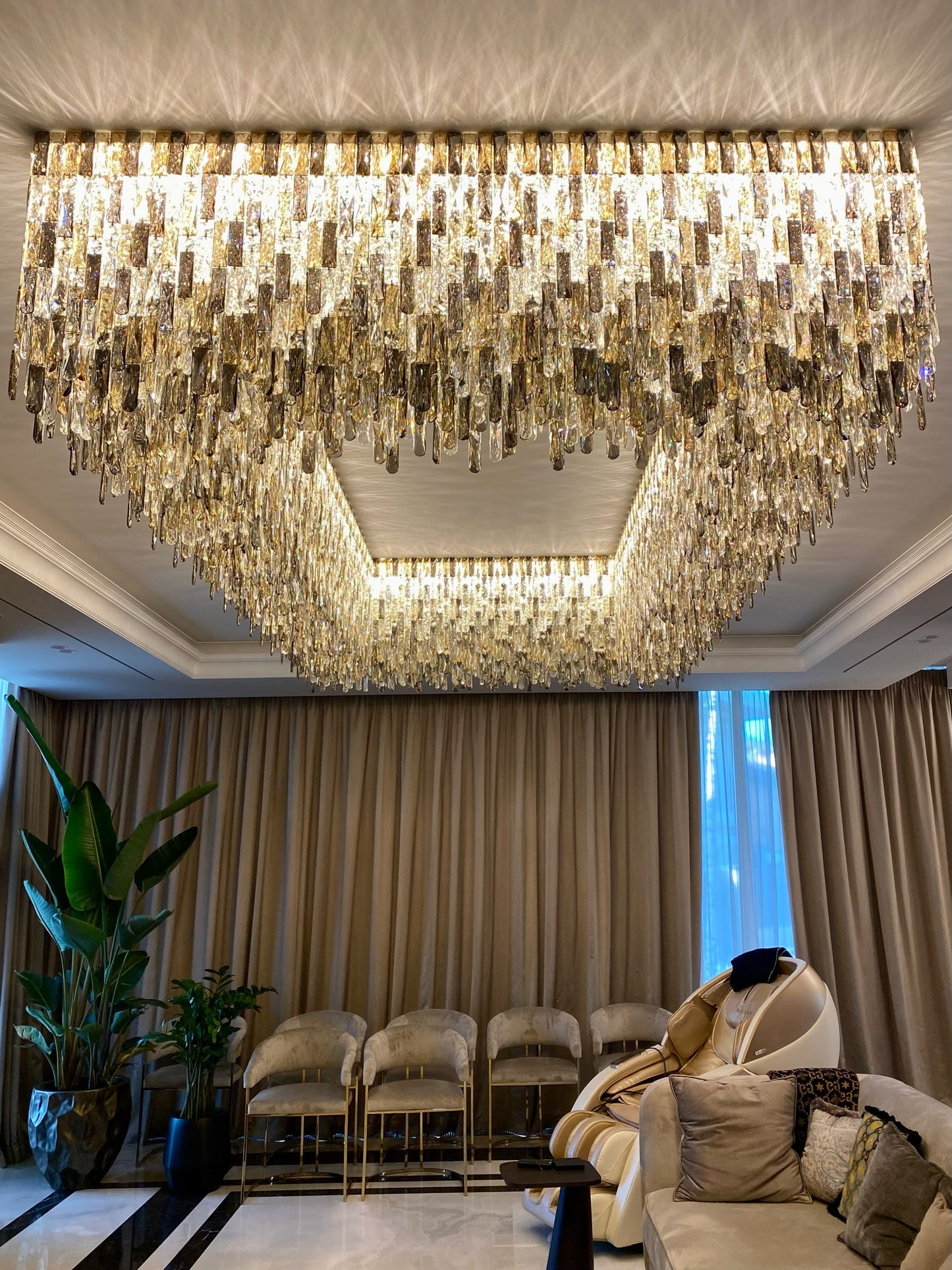 Grand Luxury Rectangular Gradient Smoky Amber Crystal Flush Mount Chandelier