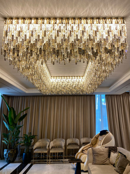 Grand Luxury Rectangular Gradient Smoky Amber Crystal Flush Mount Chandelier