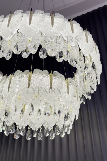 Lustre cascade luxueux en cristal à plusieurs niveaux, fabriqué à la main, en forme de feuille de verre