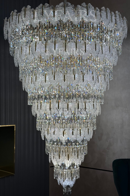 Lustre cascade luxueux en cristal à plusieurs niveaux, fabriqué à la main, en forme de feuille de verre