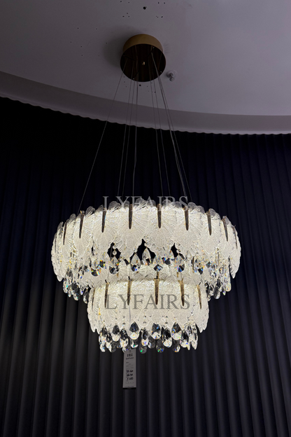 Lustre cascade luxueux en cristal à plusieurs niveaux, fabriqué à la main, en forme de feuille de verre