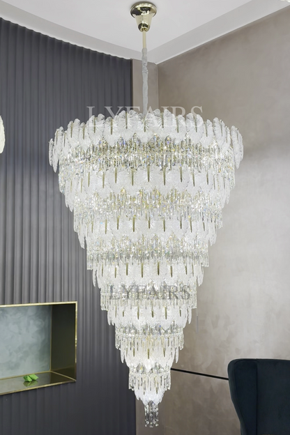 Lustre cascade luxueux en cristal à plusieurs niveaux, fabriqué à la main, en forme de feuille de verre