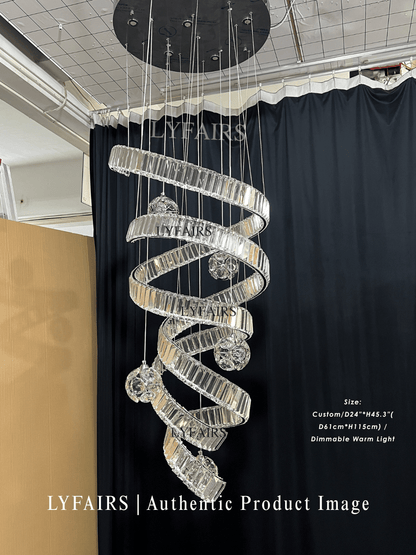 Contemporary Spiral Twisted Ribbon K9 Crystal Ball Staircase Chandelier