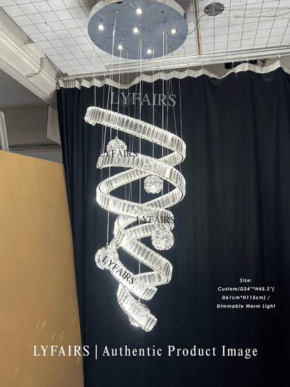 Contemporary Spiral Twisted Ribbon K9 Crystal Ball Staircase Chandelier