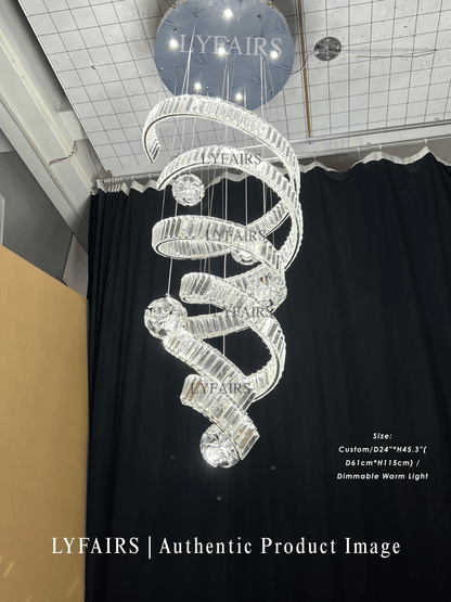 Contemporary Spiral Twisted Ribbon K9 Crystal Ball Staircase Chandelier