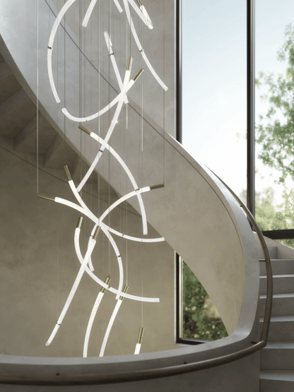 Modern Sculptural Curved Air Bubble Crystal Rod LED Chandelier
