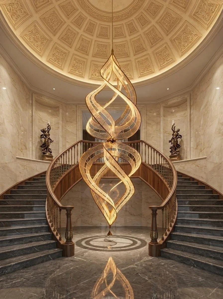 Modern Sculptural Double Spiral Textured Acrylic Suspension Light for Grand Stairwell/Hall
