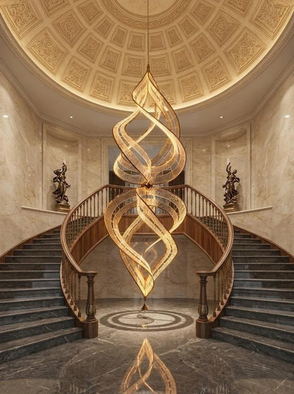 Modern Sculptural Double Spiral Textured Acrylic Suspension Light for Grand Stairwell/Hall