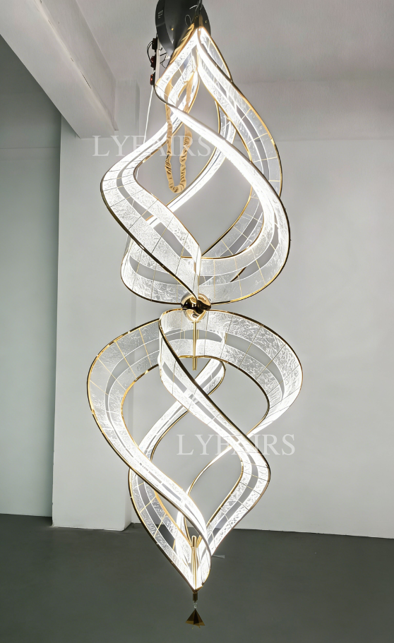 Modern Sculptural Double Spiral Textured Acrylic Suspension Light for Grand Stairwell/Hall