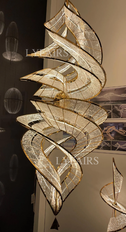 Modern Sculptural Double Spiral Textured Acrylic Suspension Light for Grand Stairwell/Hall