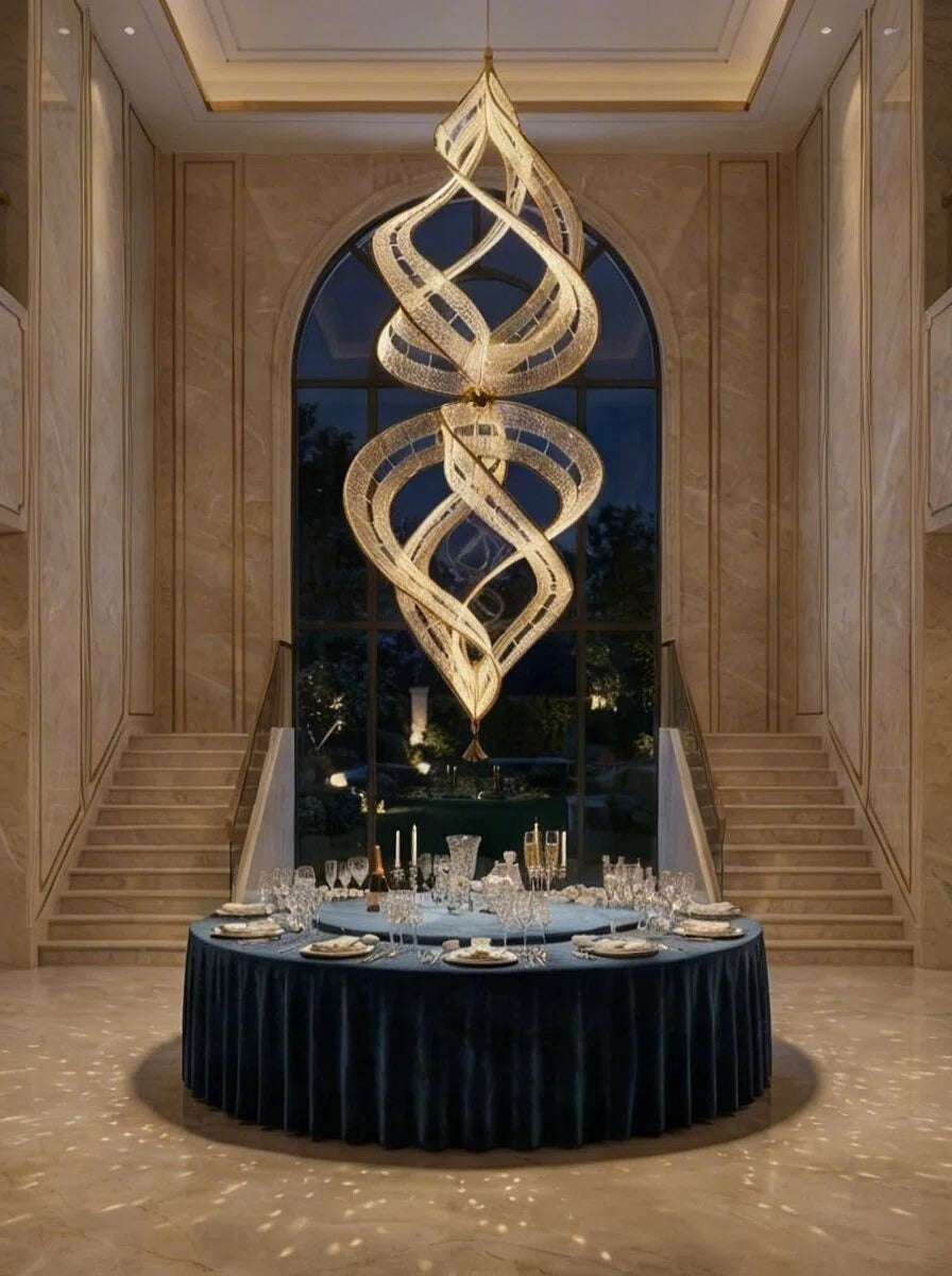 Modern Sculptural Double Spiral Textured Acrylic Suspension Light for Grand Stairwell/Hall
