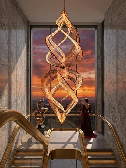 Modern Sculptural Double Spiral Textured Acrylic Suspension Light for Grand Stairwell/Hall