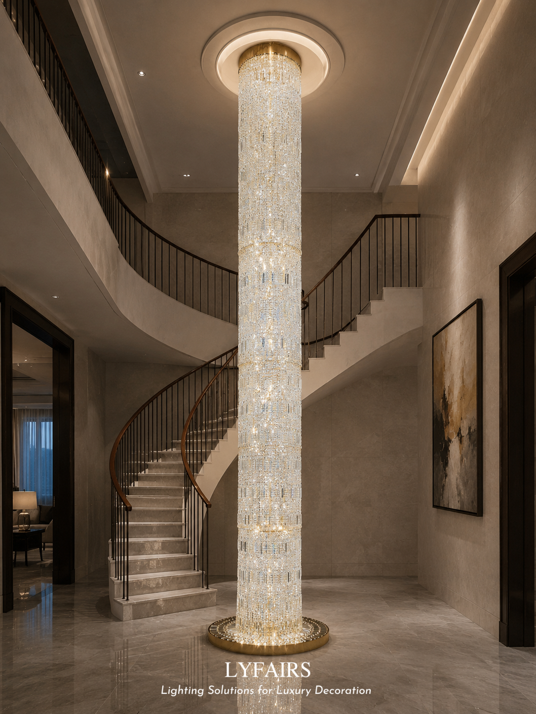Oversized Art Designer Silver Crystal Long Ceiling Column Waterfall Chandelier