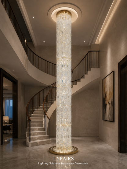 Oversized Art Designer Silver Crystal Long Ceiling Column Waterfall Chandelier