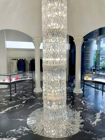 Oversized Art Designer Silver Crystal Long Ceiling Column Waterfall Chandelier