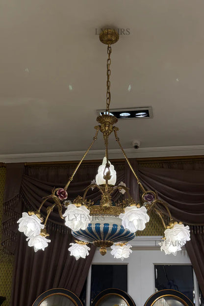 LYFAIRS x FH&Home Baroque Floral Glass Brass Chandelier with Porcelain Bottom