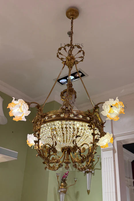 LYFAIRS x FH&Home Baroque Floral Glass Chandelier with Exquisite Brass Carved Vines