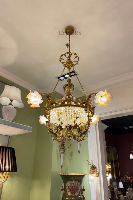 LYFAIRS x FH&Home Baroque Floral Glass Chandelier with Exquisite Brass Carved Vines