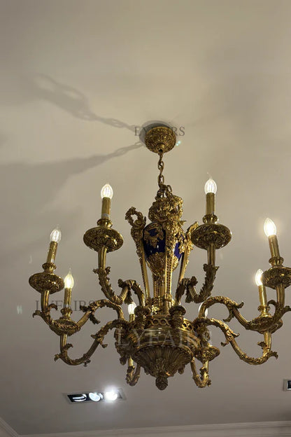 LYFAIRS x FH&Home Baroque Exquisite Brass Carved Chandelier with Blue Porcelain