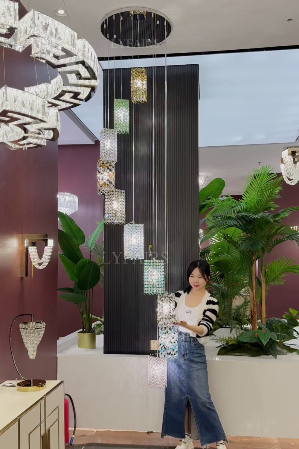 Modern Floating Colorful Crystal Chandelier for High Ceilings